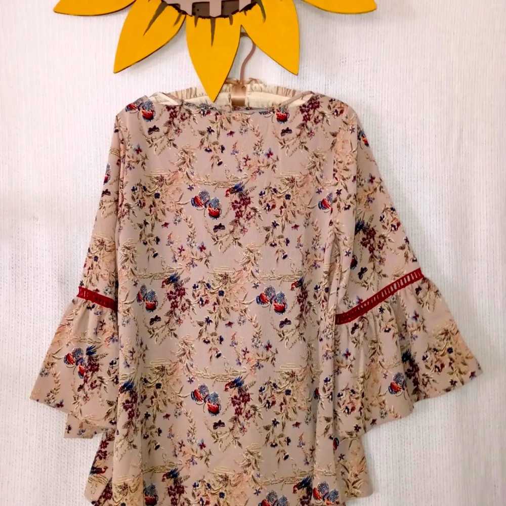 Miss Me Top S Floral Butterfly Print Hippy Boho Bell Sleeve Peasant Shirt Blouse - Picture 7 of 8